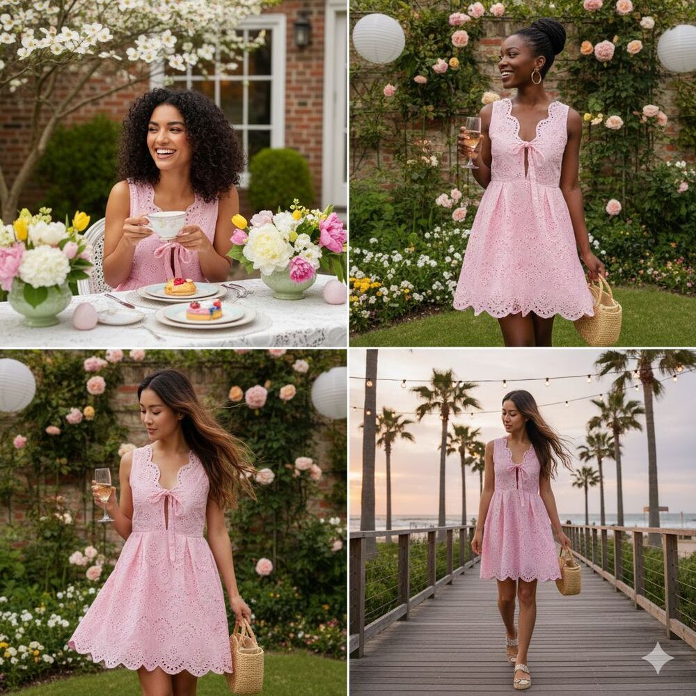 BiBi Pink Eyelet Cotton Fit & Flare Mini Dress Womens Large NWT Tie Front